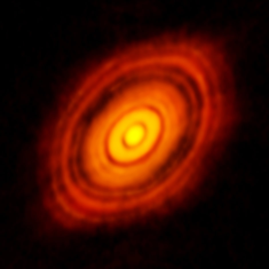 ALMA-Aufnahme der Scheibe um HL Tau mit farbcodierten hellen Ringen und dunkleren Lücken