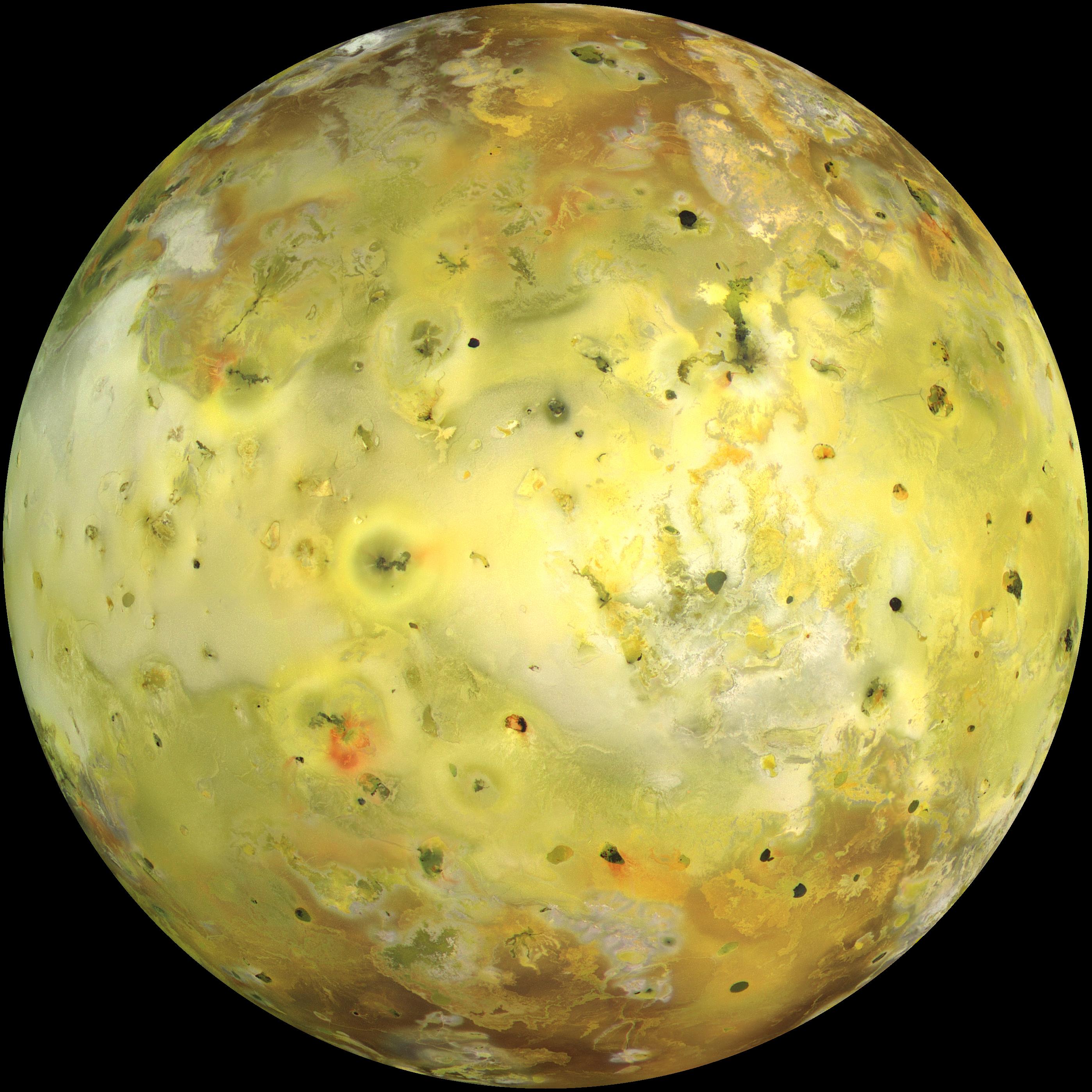 Gelbliche Io mit dunklen Vulkanzentren und rötlichen Ablagerungen, Galileo-Farbaufnahme