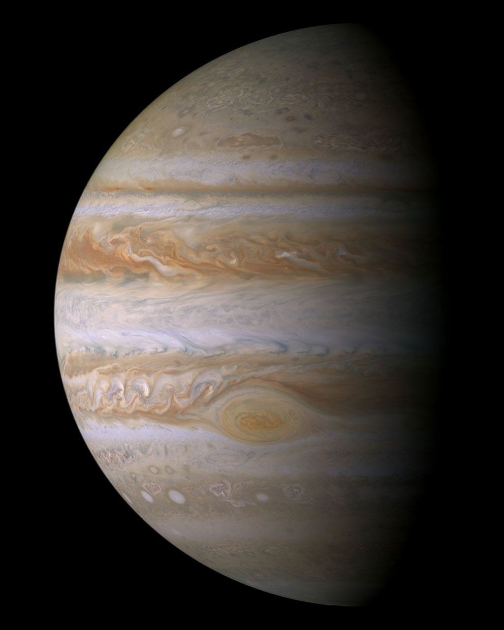 Cassini-Farbmosaik des Jupiter mit hellen und dunklen Wolkenbändern und Großem Roten Fleck